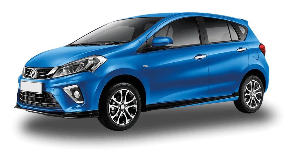 Blue compact hatchback car on a black background.
