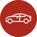 White car delivery icon on a red circular background for rental vehicle delivery service.