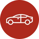 White car delivery icon on a red circular background for rental vehicle delivery service.