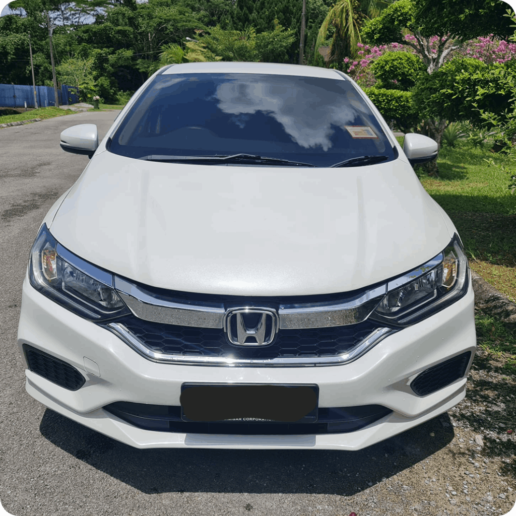 White Honda sedan parked on a roadside surrounded by greenery.