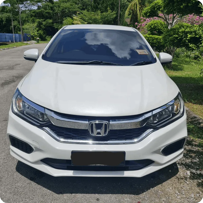 White Honda sedan parked on a roadside surrounded by greenery.