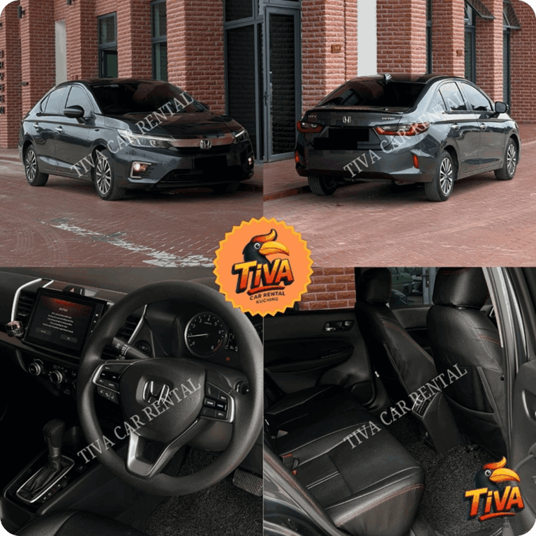 Grey Honda sedan rental collage showing exterior and interior views.