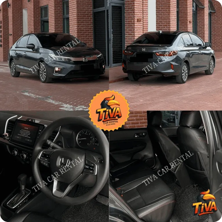 Grey Honda sedan rental collage showing exterior and interior views.