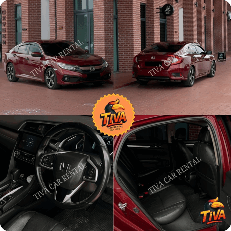 Red Honda sedan rental collage showing exterior and interior views.