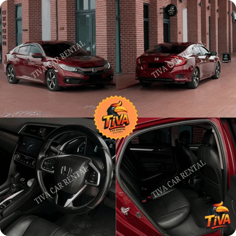 Red Honda sedan rental collage showing exterior and interior views.