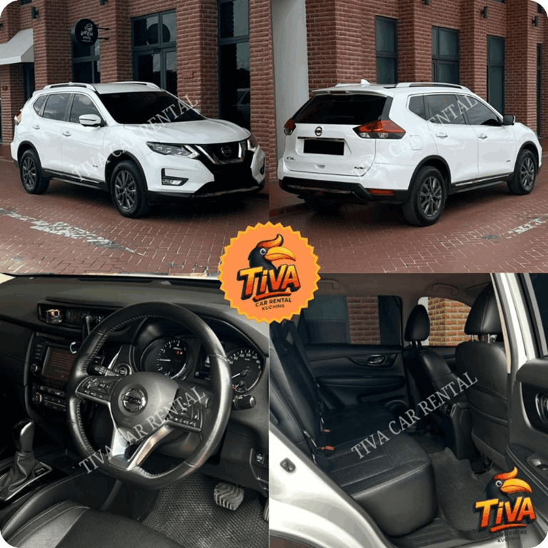 White Nissan SUV rental collage featuring exterior, dashboard, and rear passenger views.
