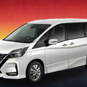 A white Nissan Serena 2020 shown for family MPV rental in Kuching, Sarawak.
