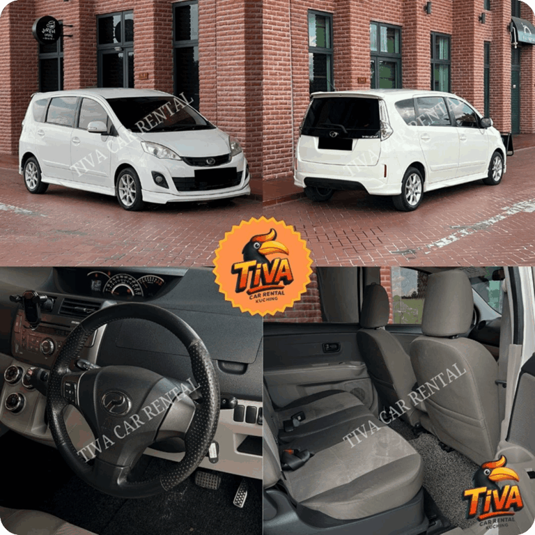 White Perodua MPV rental collage showing exterior and interior views.