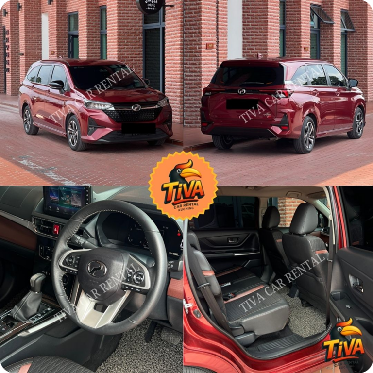 Red Perodua MPV rental collage featuring exterior, dashboard, and passenger seat views.