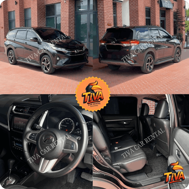 Black Perodua SUV rental collage featuring exterior, dashboard, and rear passenger views.