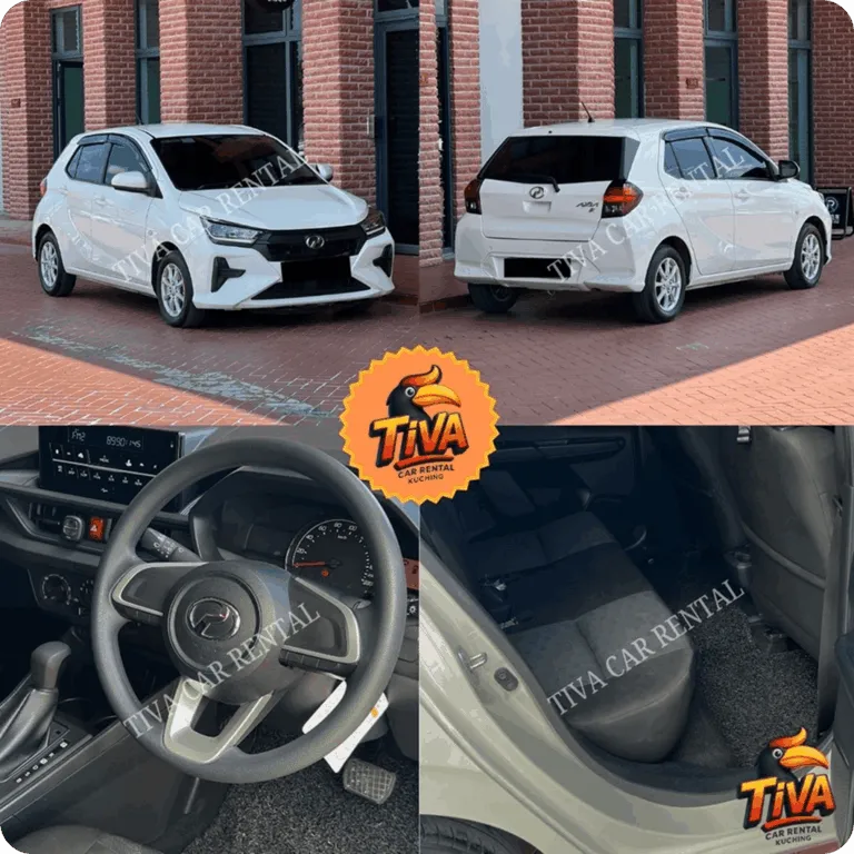 White compact rental car collage showing exterior views, dashboard, and rear seats for Tiva Car Rental Kuching.