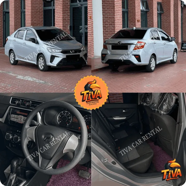 Silver rental car collage with exterior, dashboard, and rear seat views for Tiva Car Rental Kuching.
