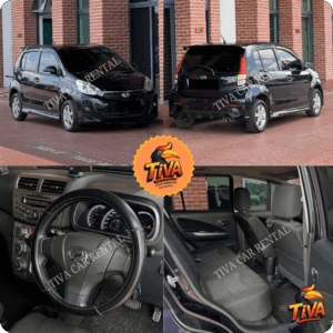 Black compact rental car collage featuring exterior, dashboard, and rear passenger seats for Tiva Car Rental Kuching.
