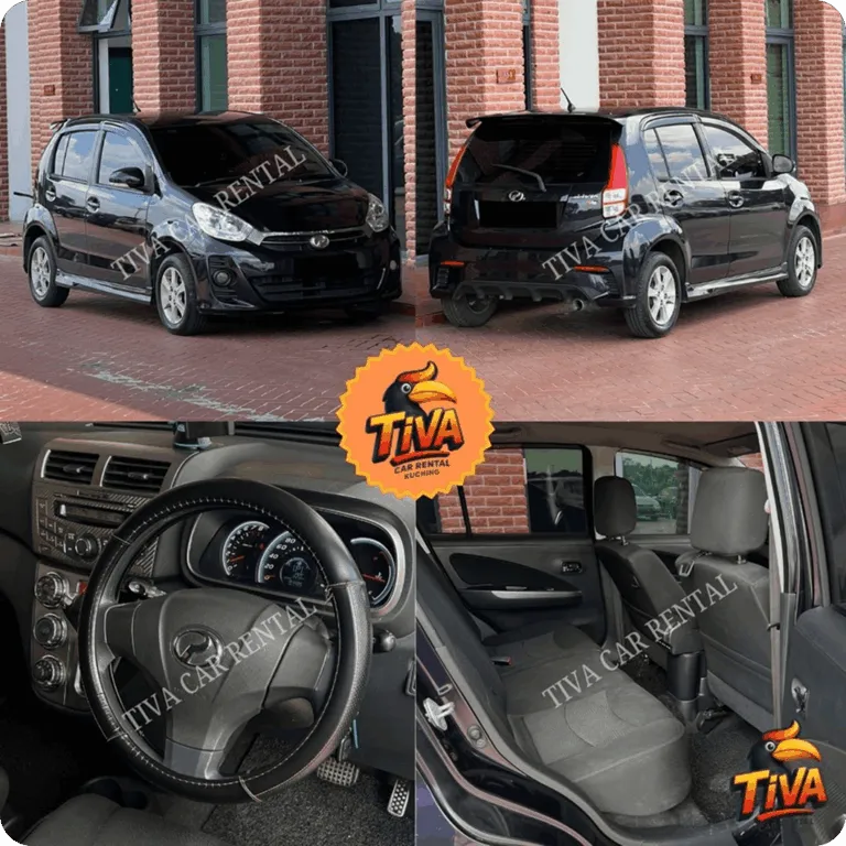 Black compact rental car collage featuring exterior, dashboard, and rear passenger seats for Tiva Car Rental Kuching.