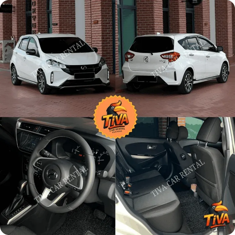 White rental car collage with exterior and interior views for Tiva Car Rental Kuching.