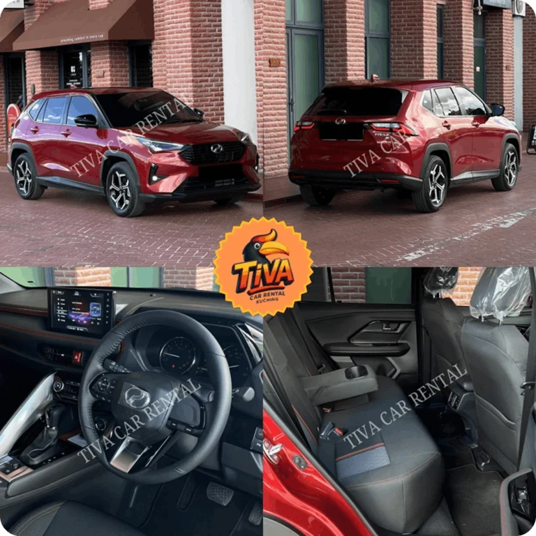 Red Perodua SUV rental collage featuring exterior, dashboard, and rear passenger views.