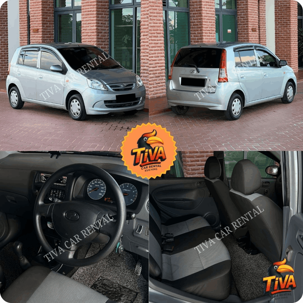 Silver compact rental car collage showing exterior, dashboard, and interior seats for Tiva Car Rental Kuching.