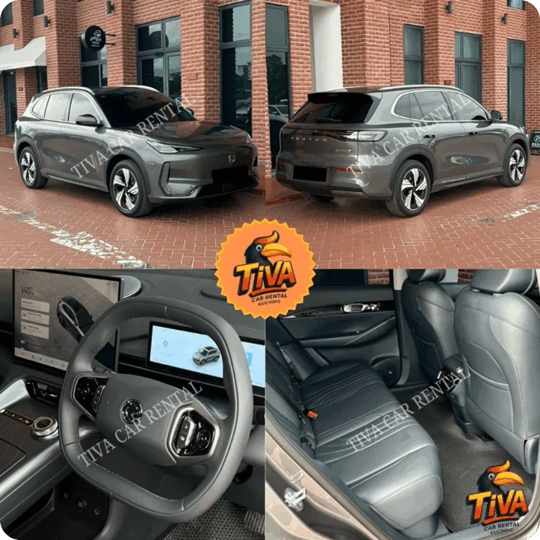 Grey Proton SUV rental collage featuring exterior, digital dashboard, and rear passenger views.