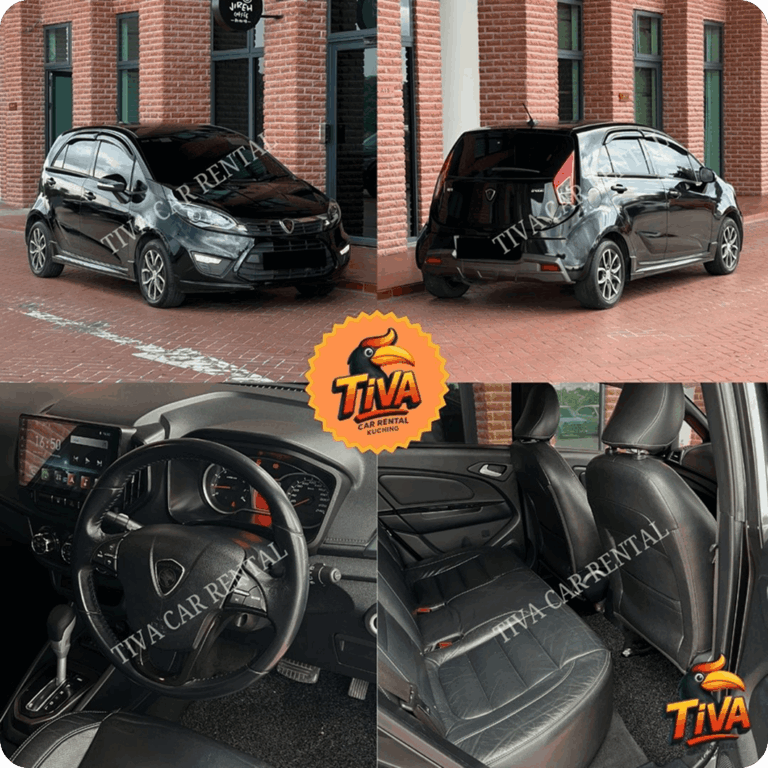Black compact rental car collage showing exterior views, dashboard, and leather seats for Tiva Car Rental Kuching.