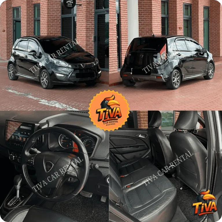 Black compact rental car collage showing exterior views, dashboard, and leather seats for Tiva Car Rental Kuching.