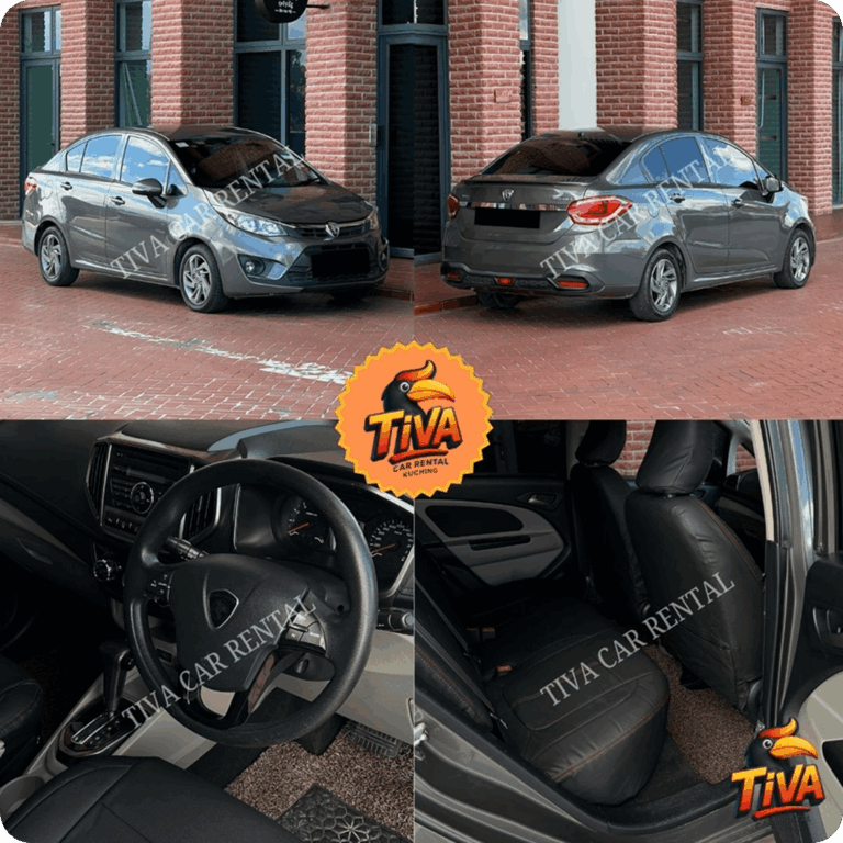 Gray rental car photo collage showing exterior front and rear views plus black interior seats and dashboard.