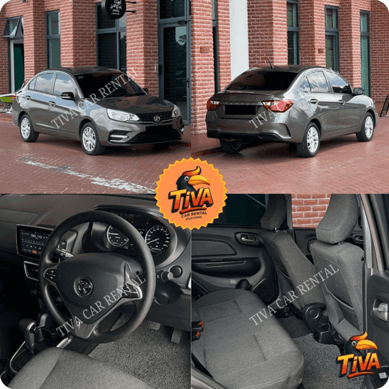 Gray rental sedan collage showing front and rear exterior views, dashboard, steering wheel, and fabric rear seats.