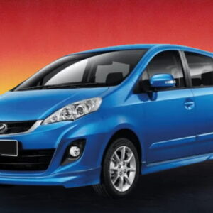 Blue Perodua MPV against a warm evening cityscape background.