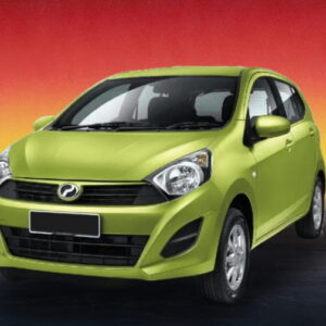 Green Perodua Axia 2016 compact car against a sunset background, budget rental in Kuching