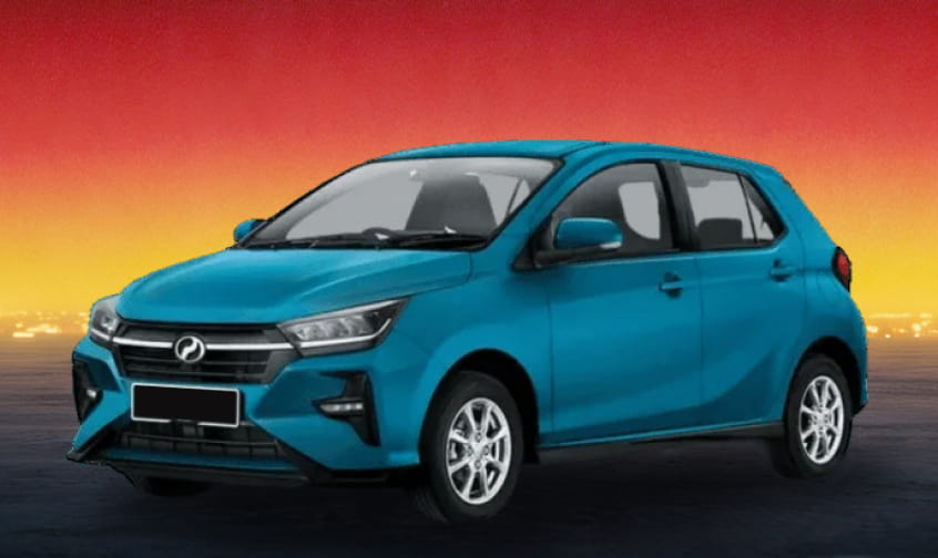 Teal compact rental car on a bright red and yellow sunset background.