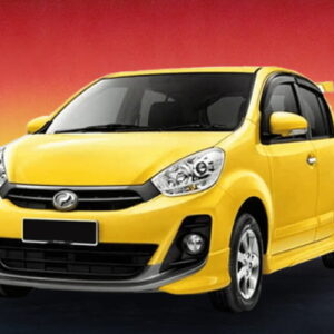 Yellow Perodua Myvi Ezi (2012-2014) compact car against a sunset background, budget rental in Kuching