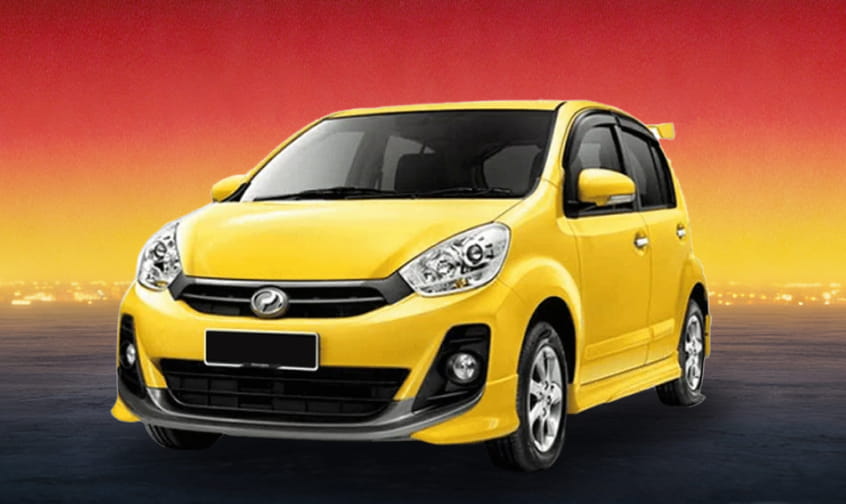Yellow compact rental car on a vibrant sunset gradient background.