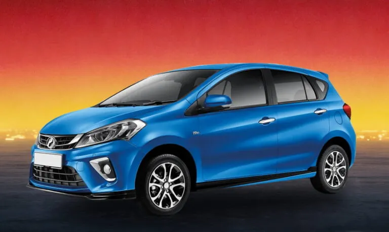 Blue Perodua Myvi 2020 compact car against a sunset background, available for rental in Kuching