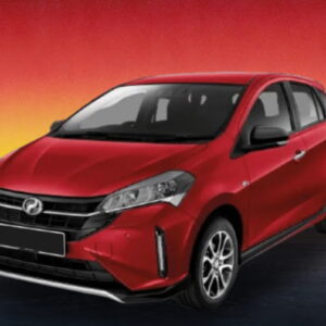 Red Perodua Myvi 2023 compact car against a sunset background, available for rental in Kuching