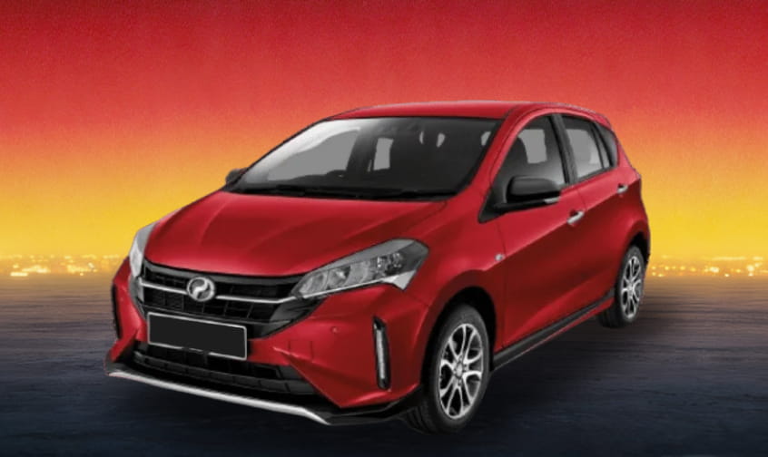 Red compact rental car against a warm twilight gradient backdrop.