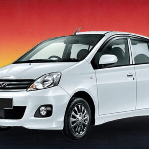 White Perodua Viva 2012 compact car against a sunset background, budget rental in Kuching