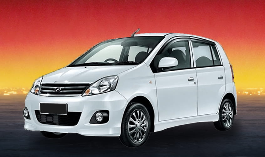 White compact rental car on a sunset gradient background.