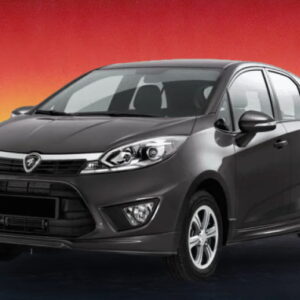 Dark gray Proton Iriz 2016 hatchback against a sunset backdrop, available for rental in Kuching
