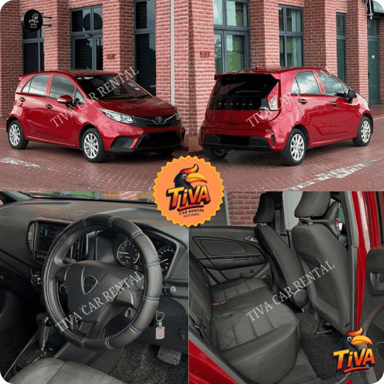 Red Proton hatchback rental car exterior and interior collage.