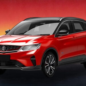 Red Proton SUV against a rich crimson and golden dusk backdrop.