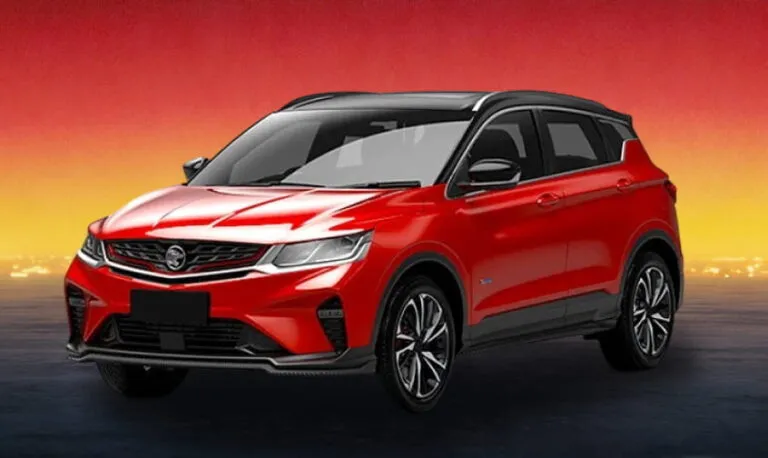 Red Proton SUV against a rich crimson and golden dusk backdrop.