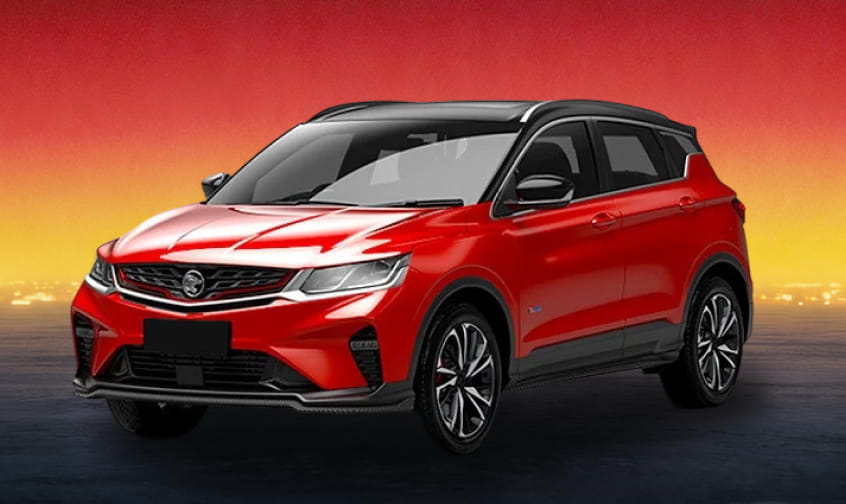 Red Proton SUV against a rich crimson and golden dusk backdrop.