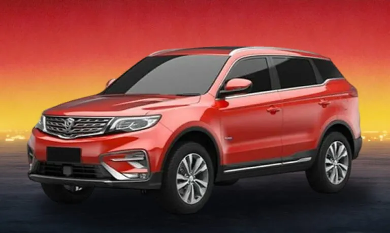 Red Proton SUV against a vivid golden-orange sunset backdrop.