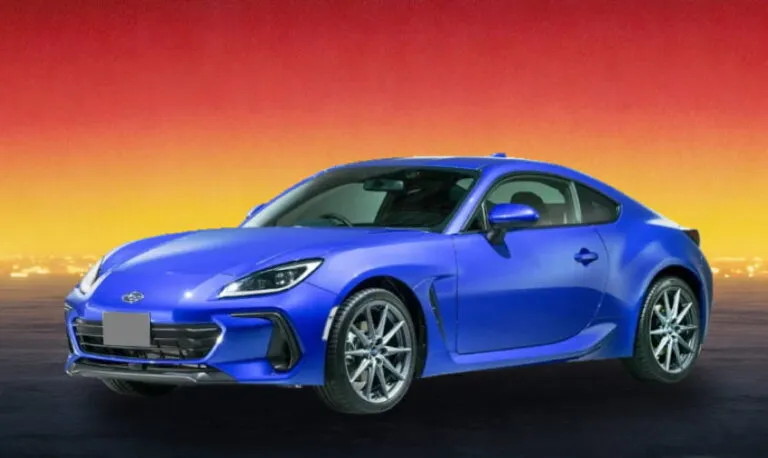Blue Subaru BRZ 2022 sports coupe against a sunset background, available for rental in Kuching