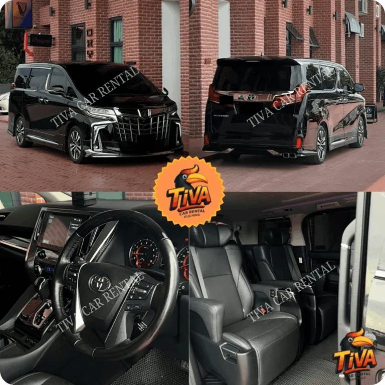 Black Toyota luxury MPV rental collage featuring exterior, dashboard, and executive cabin seating views.