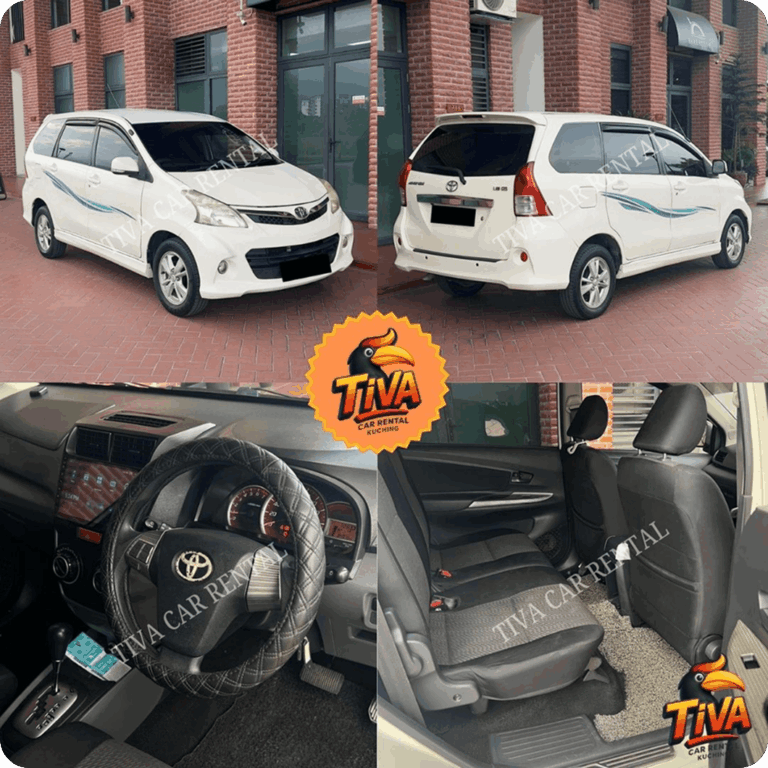 White Toyota MPV rental collage featuring exterior, dashboard, and rear passenger views.