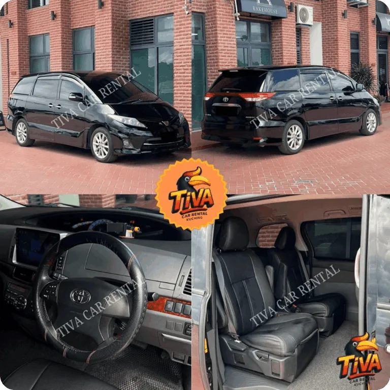 Black Toyota MPV rental collage featuring exterior, dashboard, and spacious cabin seating views.