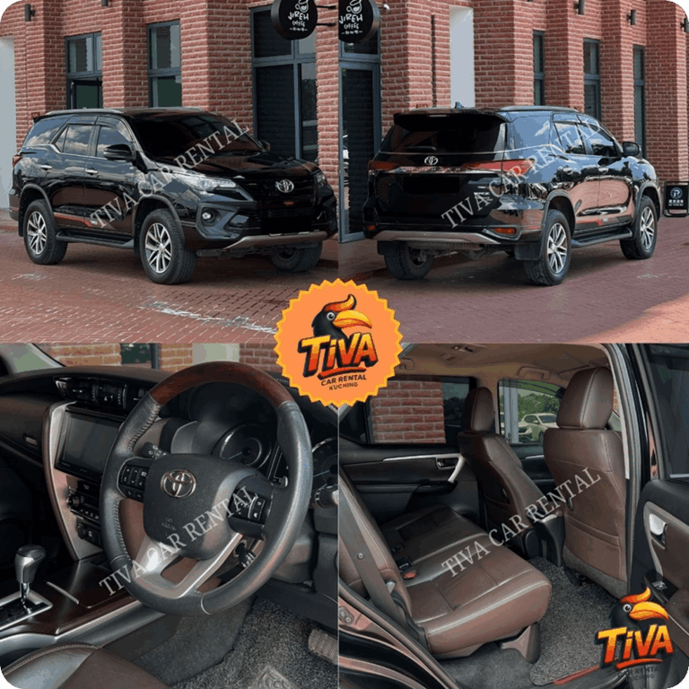 Black Toyota SUV rental collage featuring exterior, dashboard, and rear passenger views.