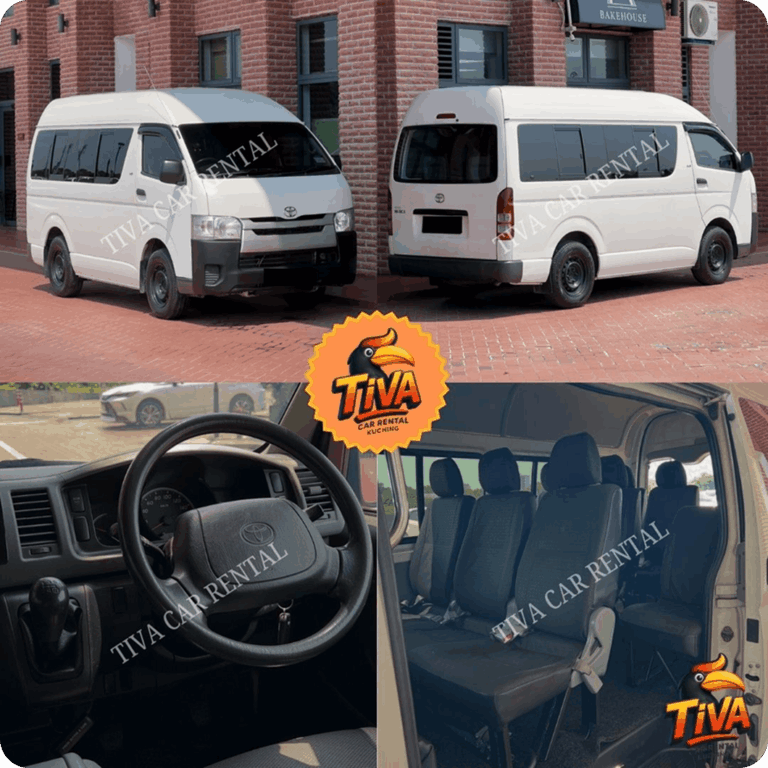 White Toyota Hiace van exterior and interior collage.