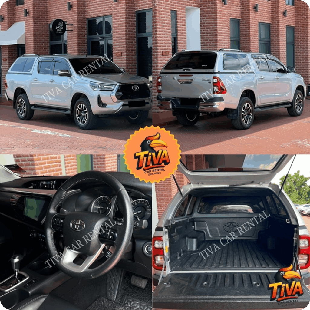 Silver Toyota pickup rental collage featuring exterior, dashboard, and open cargo bed views.