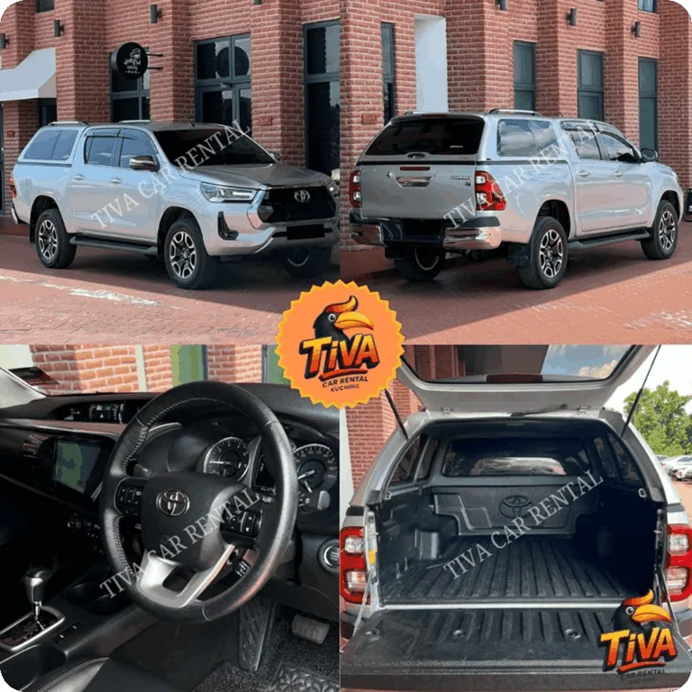 Silver Toyota pickup rental collage featuring exterior, dashboard, and open cargo bed views.
